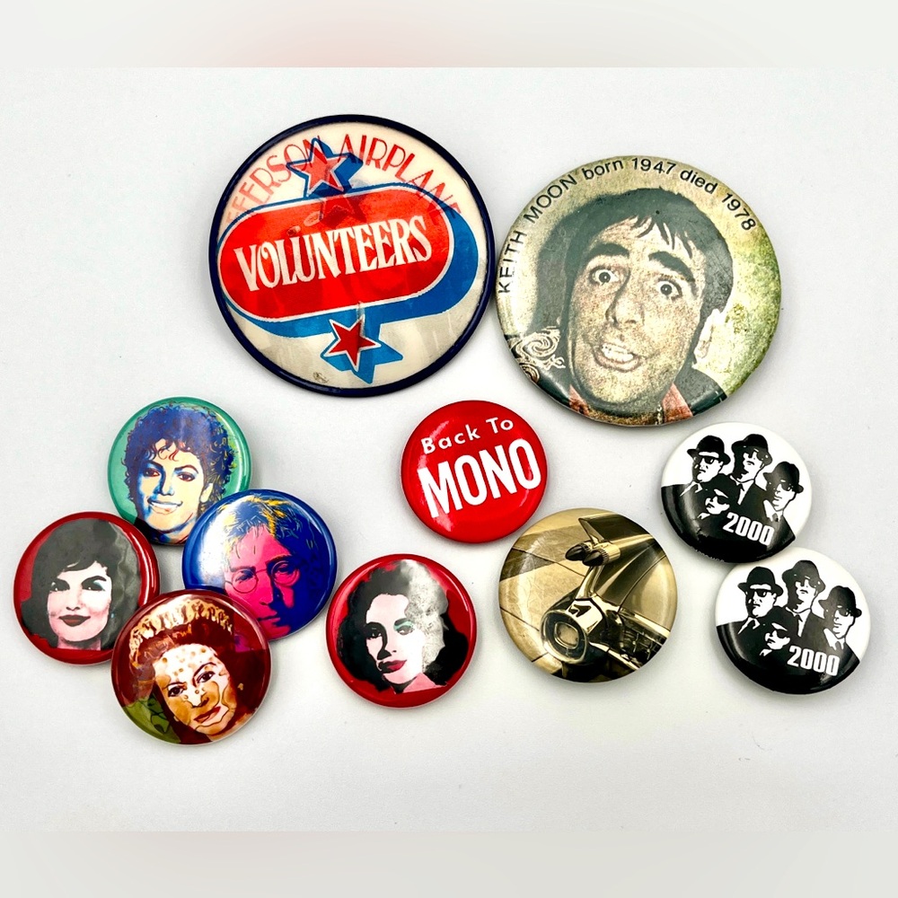 Lot of Vintage Pins - Jefferson Airplane - Keith Moon - Blues Brothers - Warhol